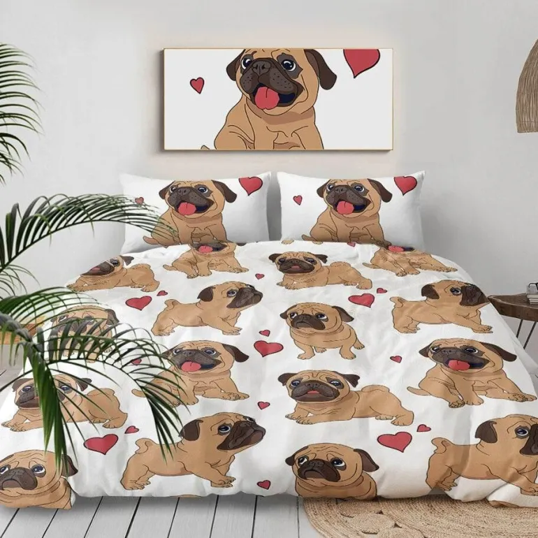 Hippie-Mops-Welpen-Bettwäscheset – 3-teiliges Cartoon-Bettbezug-Komfortset
