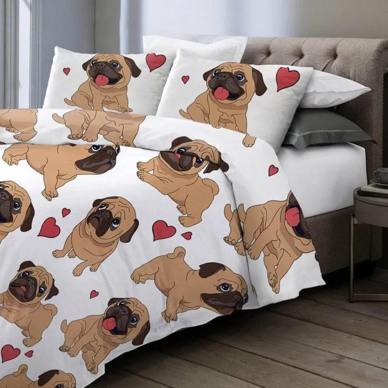 Hippie-Mops-Welpen-Bettwäscheset – 3-teiliges Cartoon-Bettbezug-Komfortset