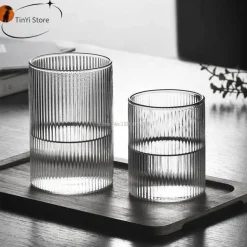 Hitzebeständiges Wasserbecher-Set aus gestreiftem Glas – transparentes Trinkgeschirr für Saft und Wein