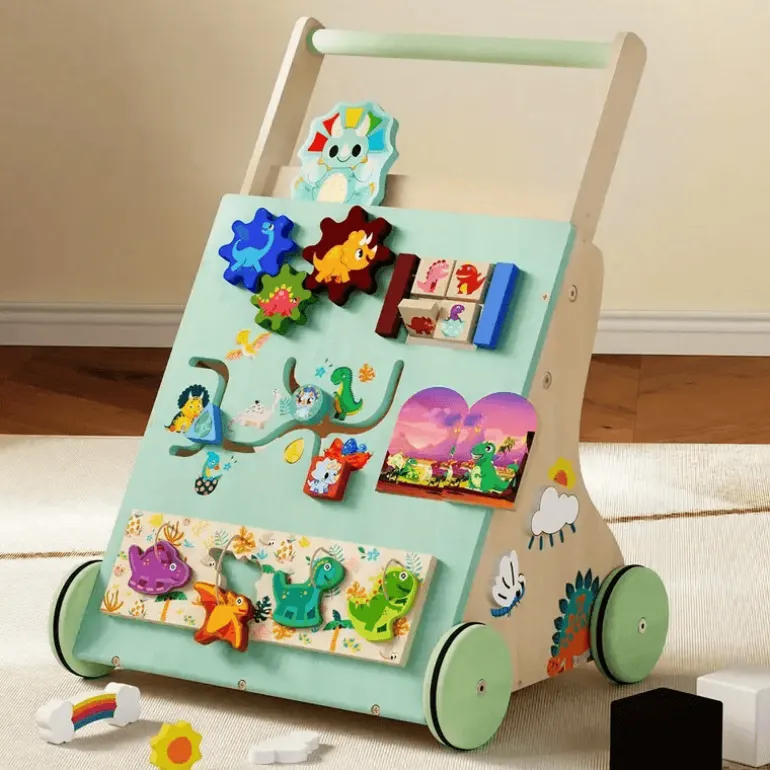 Hölzerner Dinosaurier-Baby-Lauflernwagen Montessori Sit-to-Stand-Lernaktivitätszentrum