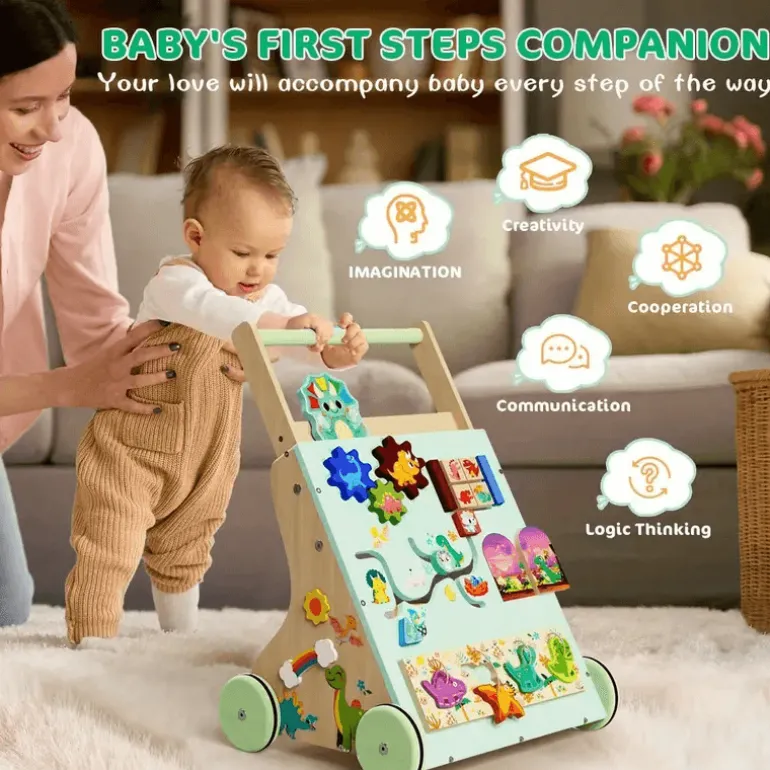 Hölzerner Dinosaurier-Baby-Lauflernwagen Montessori Sit-to-Stand-Lernaktivitätszentrum