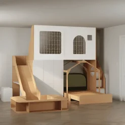 Hochbett aus Holz mit Rutsche – Kinderspielplatz-Bettset