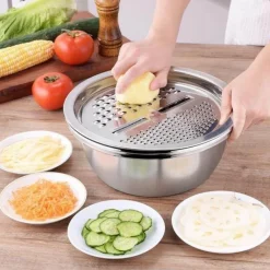 3-in-1-Gemüseschneider aus Edelstahl mit Abtropfkorb