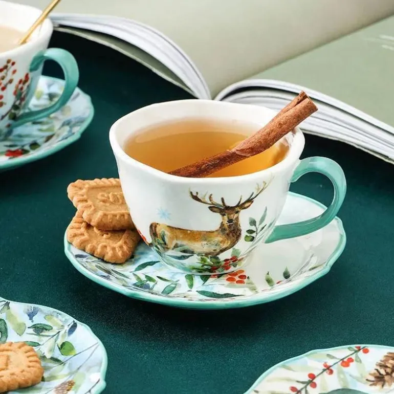 Kaffeetassen- und Untertassenset aus Keramik mit Tiermuster – 200 ml