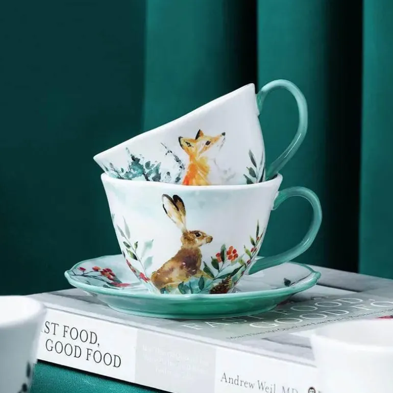 Kaffeetassen- und Untertassenset aus Keramik mit Tiermuster – 200 ml