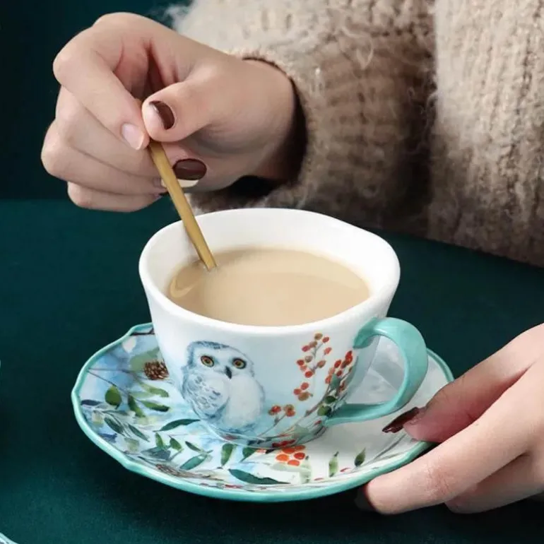 Kaffeetassen- und Untertassenset aus Keramik mit Tiermuster – 200 ml