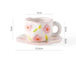 Kaffeetassen-Set aus Keramik – mikrowellengeeignet, Blumenmuster, mit Untertasse