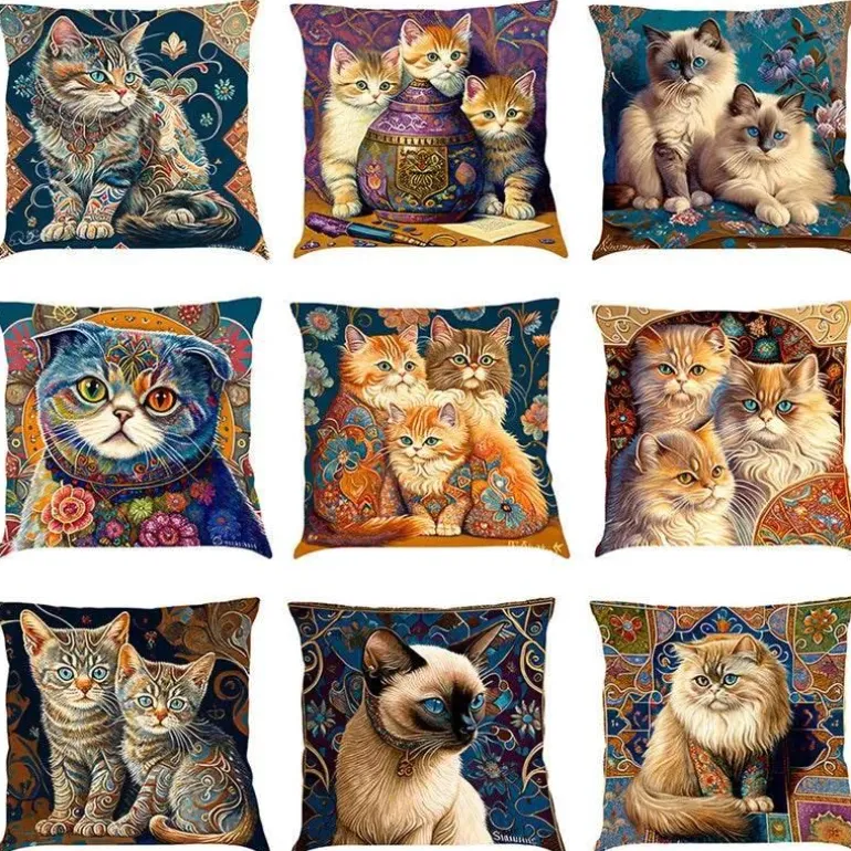 Katzen-Kissenbezug - Stilvoller Kissenbezug aus Leinen 45x45cm