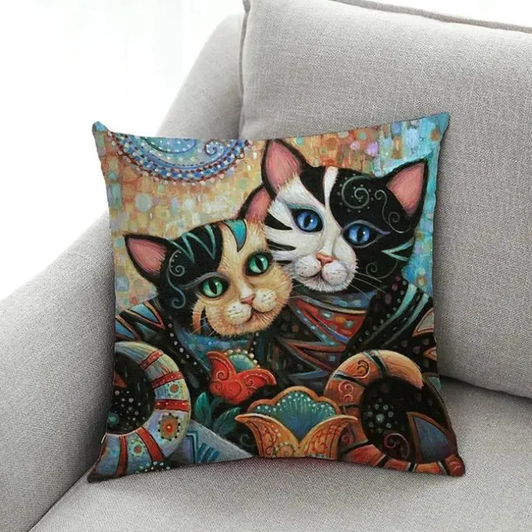 Katzen-Kissenbezug - Stilvoller Kissenbezug aus Leinen 45x45cm