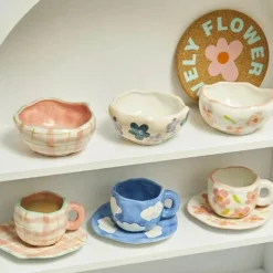 Kawaii Blumen Keramik Tassen Set mit Löffelschale - Süße Kaffeetassen