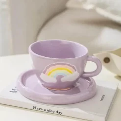 Kawaii Blumen Keramik Tassen Set mit Löffelschale - Süße Kaffeetassen