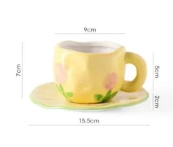 Kawaii Blumen Keramik Tassen Set mit Löffelschale - Süße Kaffeetassen