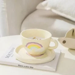 Kawaii Blumen Keramik Tassen Set mit Löffelschale - Süße Kaffeetassen