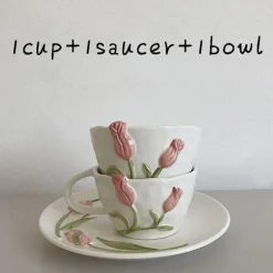 Keramik Rosa Tulpe Teetasse Kuchenteller - Küchenzubehör-Set