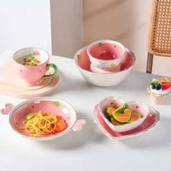 Keramikgeschirr-Set – handbemalter rosa Erdbeer-Liebesschüssel-Teller