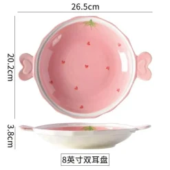 Keramikgeschirr-Set – handbemalter rosa Erdbeer-Liebesschüssel-Teller