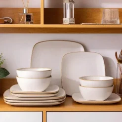 Keramik-Geschirrset für 4 - 12 Stück, handbemalte quadratische Teller und Schüsseln