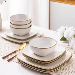 Keramik-Geschirrset für 4 - 12 Stück, handbemalte quadratische Teller und Schüsseln