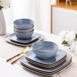 Keramik-Geschirrset für 4 - 12 Stück, handbemalte quadratische Teller und Schüsseln