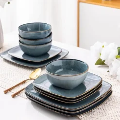 Keramik-Geschirrset für 4 - 12 Stück, handbemalte quadratische Teller und Schüsseln