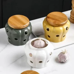 Keramik-Knoblauchbehälter mit Deckel – hohles, durchbrochenes Vorratsglas für frischen Knoblauch