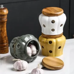 Keramik-Knoblauchbehälter mit Deckel – hohles, durchbrochenes Vorratsglas für frischen Knoblauch