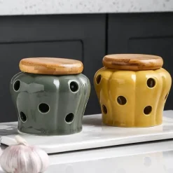 Keramik-Knoblauchbehälter mit Deckel – hohles, durchbrochenes Vorratsglas für frischen Knoblauch