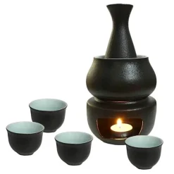 Keramik-Sake-Set mit Wärmer, 4 passenden Tassen – elegantes japanisches Trinkgeschirr
