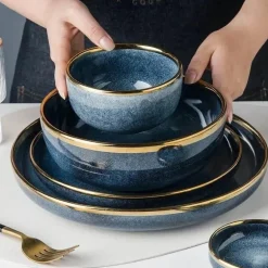 Keramikschalen-Set mit blauem Farbverlauf – elegante Ess- und Dessertteller