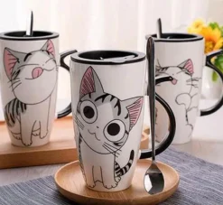 Keramiktasse mit Katzenmotiv und Deckel – 600 ml Kaffee- und Teetasse aus Porzellan