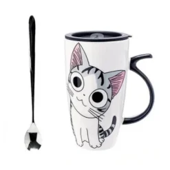 Keramiktasse mit Katzenmotiv und Deckel – 600 ml Kaffee- und Teetasse aus Porzellan
