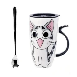 Keramiktasse mit Katzenmotiv und Deckel – 600 ml Kaffee- und Teetasse aus Porzellan