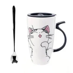 Keramiktasse mit Katzenmotiv und Deckel – 600 ml Kaffee- und Teetasse aus Porzellan