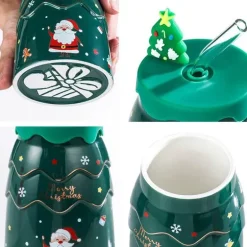 Keramiktasse mit Weihnachtsbaummotiv, mit Deckel und Strohhalm, festliches Weihnachtsgeschenk