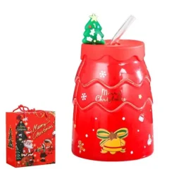 Keramiktasse mit Weihnachtsbaummotiv, mit Deckel und Strohhalm, festliches Weihnachtsgeschenk