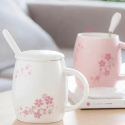 Kirschblüten-Tassen-Set – Keramik-Kaffeetasse mit Deckellöffel
