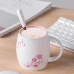 Kirschblüten-Tassen-Set – Keramik-Kaffeetasse mit Deckellöffel