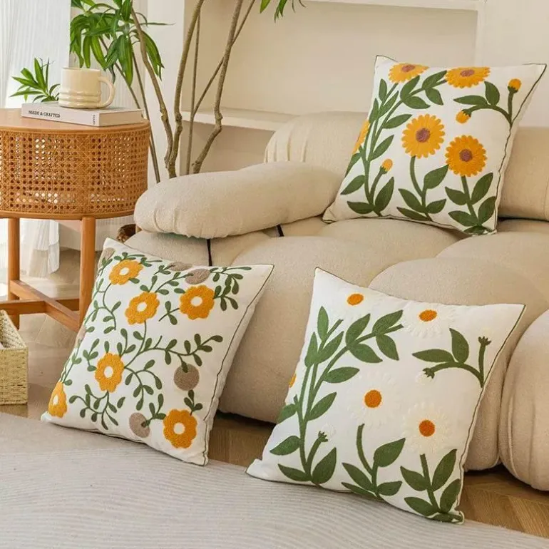 Kissenbezug aus Baumwolle mit Blumenmuster, bestickt, 45 x 45 cm, dekorativer Kissenbezug