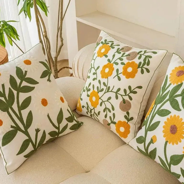 Kissenbezug aus Baumwolle mit Blumenmuster, bestickt, 45 x 45 cm, dekorativer Kissenbezug