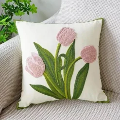 Kissenbezug mit Blumenstickerei - Baumwoll-Canvas-Heimdekor