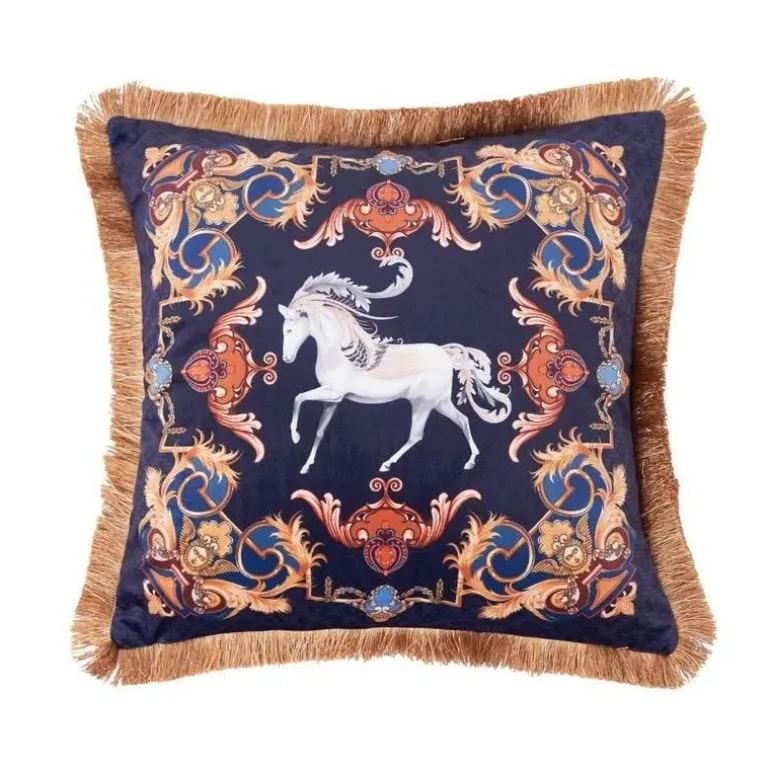 Kissenbezug mit Dschungeltieren – Luxus-Satin mit goldenen Quastenfransen