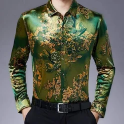 Langarmhemd aus Stretch-Samt für Herren mit Blumenmuster