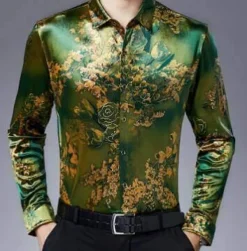 Langarmhemd aus Stretch-Samt für Herren mit Blumenmuster