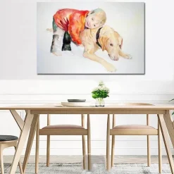 Leinwandbild Junge und Hund – Schönes Haustier-Familiendekor