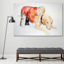 Leinwandbild Junge und Hund – Schönes Haustier-Familiendekor