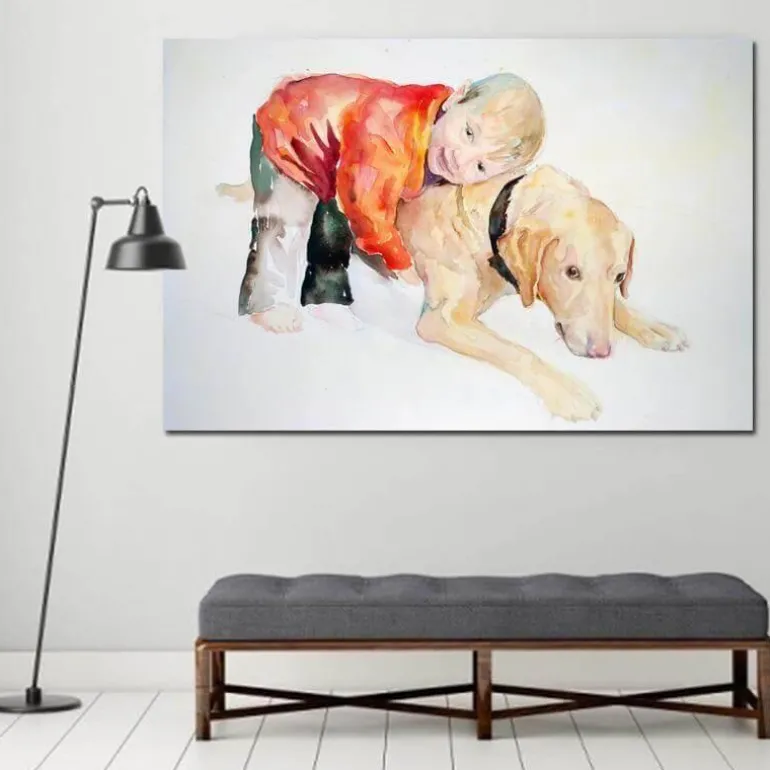 Leinwandbild Junge und Hund – Schönes Haustier-Familiendekor