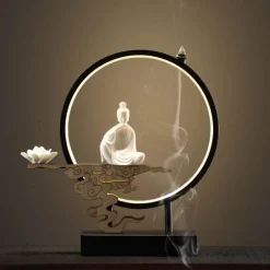 Lotus Buddha Ceramic Incense Burner Lamp - Decorative Aromatherapy Waterfall Lighting