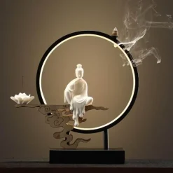 Lotus Buddha Ceramic Incense Burner Lamp - Decorative Aromatherapy Waterfall Lighting