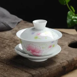 Lotus Gaiwan Teeservice – handgezeichnete Porzellanteekanne mit Puer-Tasse
