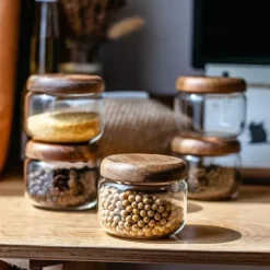 Luftdichtes Gewürzglas aus Glas – 284 ml Behälter mit Deckel aus Akazienholz